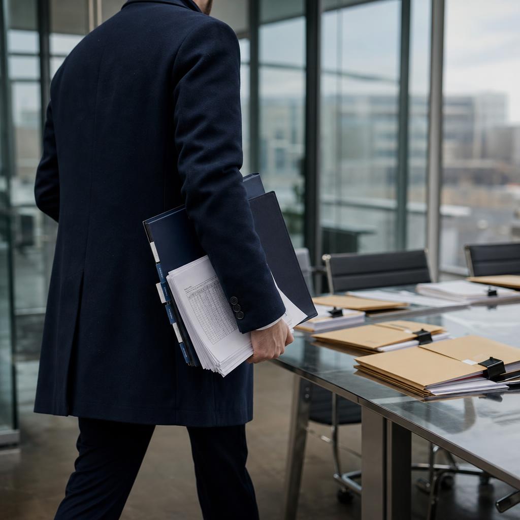 Procurement manager carrying tender folders past bid packets